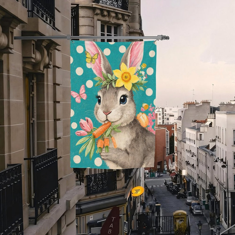 Joli drapeau floral lapin, pour intérieur et extérieur, L 70 x l 47