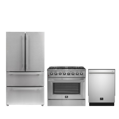FORNO Premium 3-Piece Kitchen Bundle - 36" Gas Range, 36" French Door Refrigerator, 24" Built-In Dishwasher, Stainless Steel
