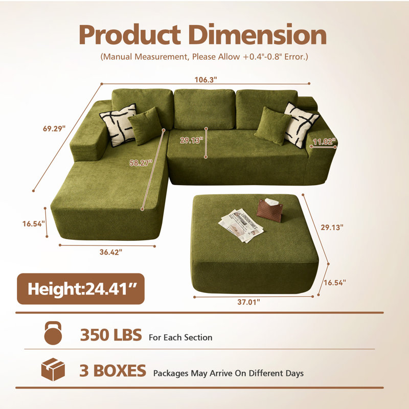 Boneless 106.3" Boneless Floor L-Shaped Sectional Sofa With Ottoman, No-Assembly Cloud Couch For Modern Living Spaces