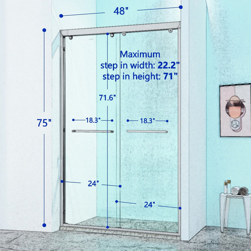 44-48"W X 75"H Double Sliding Shower Door, Aluminium Alloy Frame In Matte Black, 5/16" (8Mm) Thick SGCC Tempered Clear Glass.