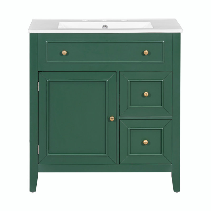 Meuble-lavabo simple avec plateau Thedis 30, Vert, Or
