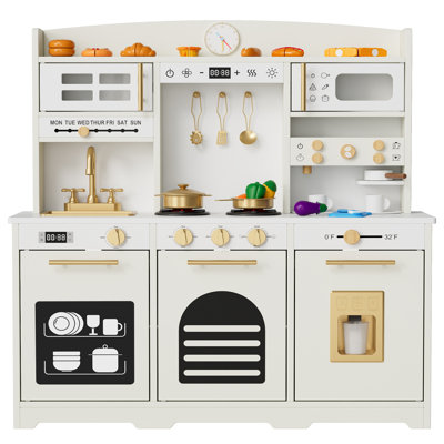 Wooden Kids Play Kitchen Set with 24-Piece Pretend Cooking Accessories, Realistic Interactive Appliances & Smart Storage Cabinets, Preschool Pretend Role Play Toy Kitchen for Boys & Girls Ages 3+