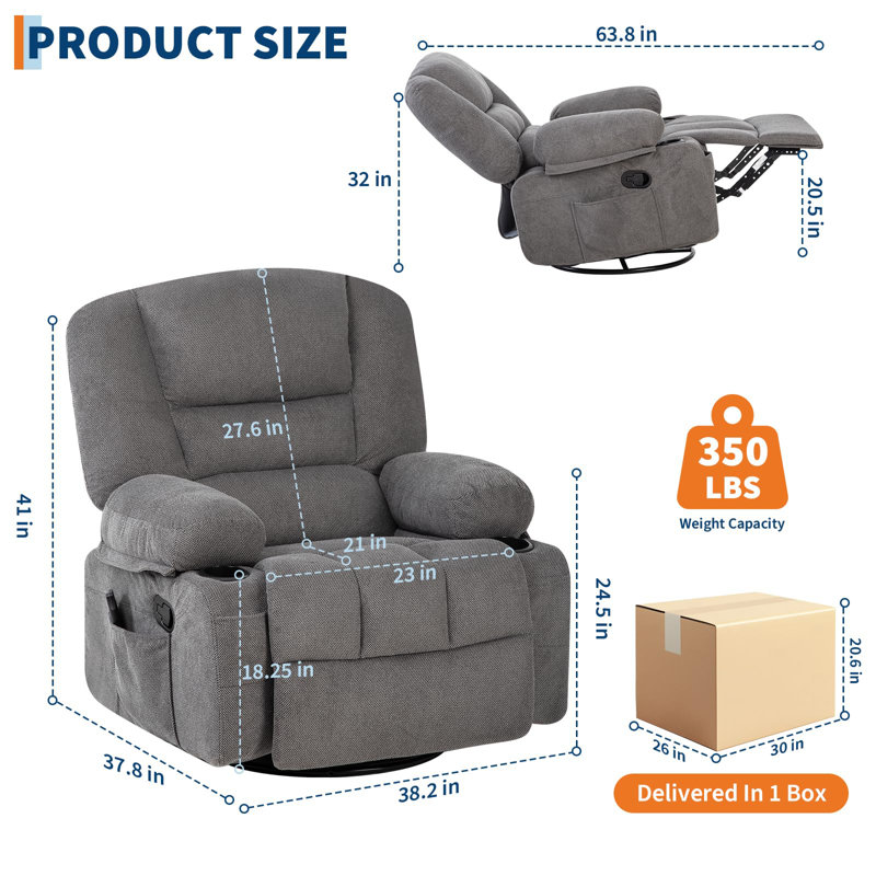 360° Swivel Recliner Chair with Vibration Massage & Heating, Extra-Wide Sofa for Living Room/Bedroom, Gray
