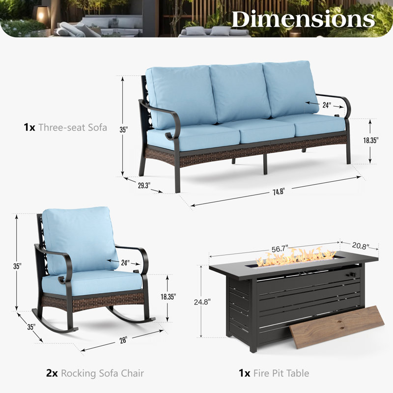 5-Person Sofa Seating Group With Rocking Lounge Chairs & Fire Pit Table, Black/Blue/Black