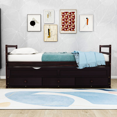 Twin Size Bed with Classic Headboard, Twin Trundle, and Built-In Storage Drawers by Lark Manor