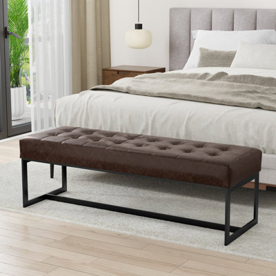 Penelope 56"W Genuine Leather Tufted Ottoman Bench with Metal Base