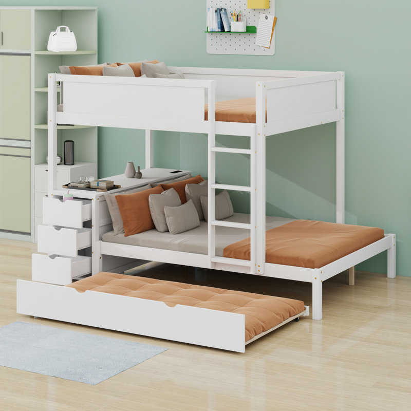 Lit superposé avec lit gigogne, bureau avec tiroirs, Blanc