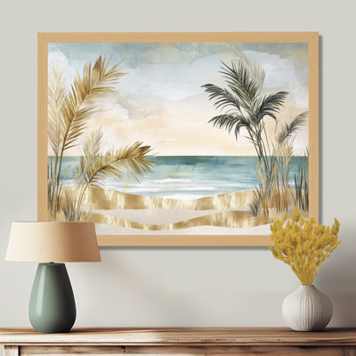 Palmiers noirs et dorés à l'horizon, collage sur la plage I - et arbres, tableau encadré
