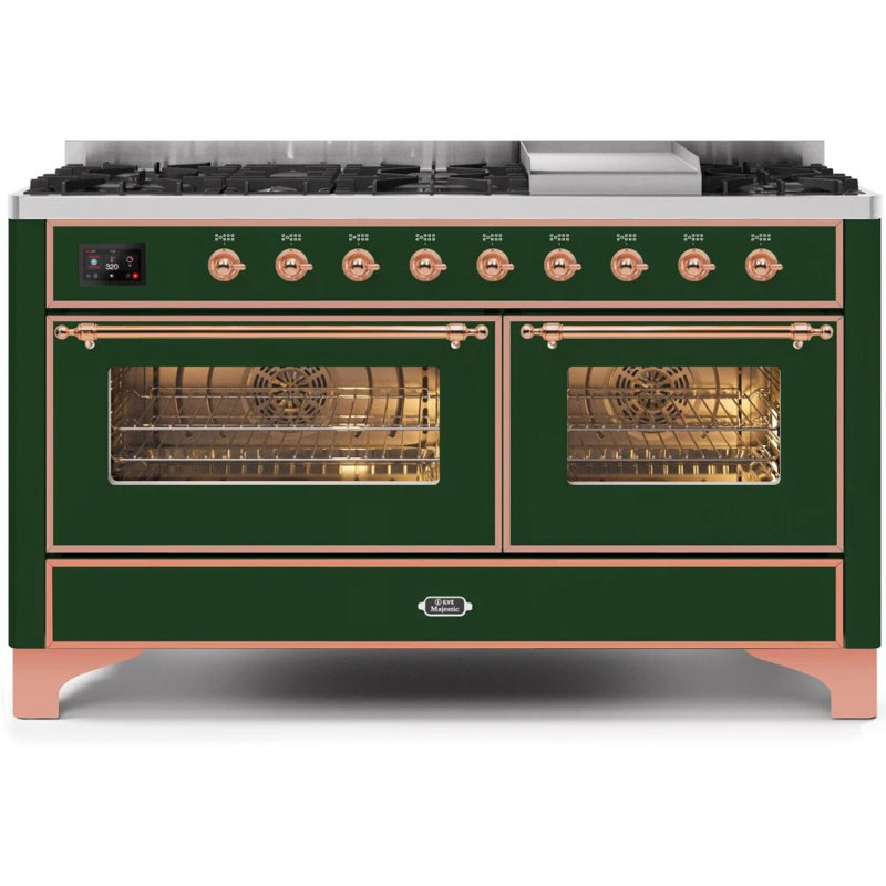 ILVE UM15FDNS3BGG Majestic II 60 inch Dual Fuel Range with 9 Burners, Griddle (Natural Gas, Triple Glass Door, Blue Grey, Brass)