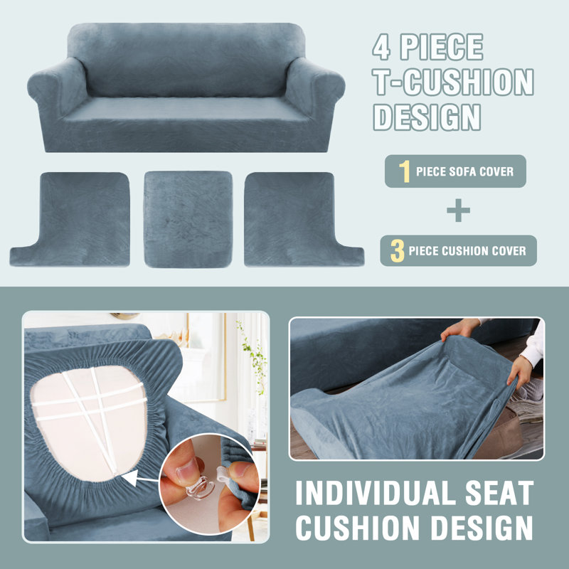 Velvet Stretch 4 Piece T Cushion Sofa Slipcovers for 3 Couch Covers with 3 Individual T Cushion Covers Machine Washable