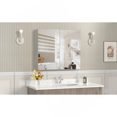 Armoire à pharmacie 32 po x 28 po avec miroir pour salle de bain, miroir de salle de bain mural avec rangement, tablettes réglables, cadre en aluminium, fixation en surface argent