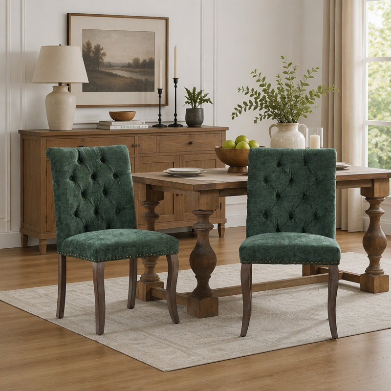 Chenille Upholstered Dining Chair, Tufted Accent Chair with Curved Solid Wood Legs & Rivet Details, Multi-Use Chair for Dining Room, Kitchen & Living Room, Set of 2