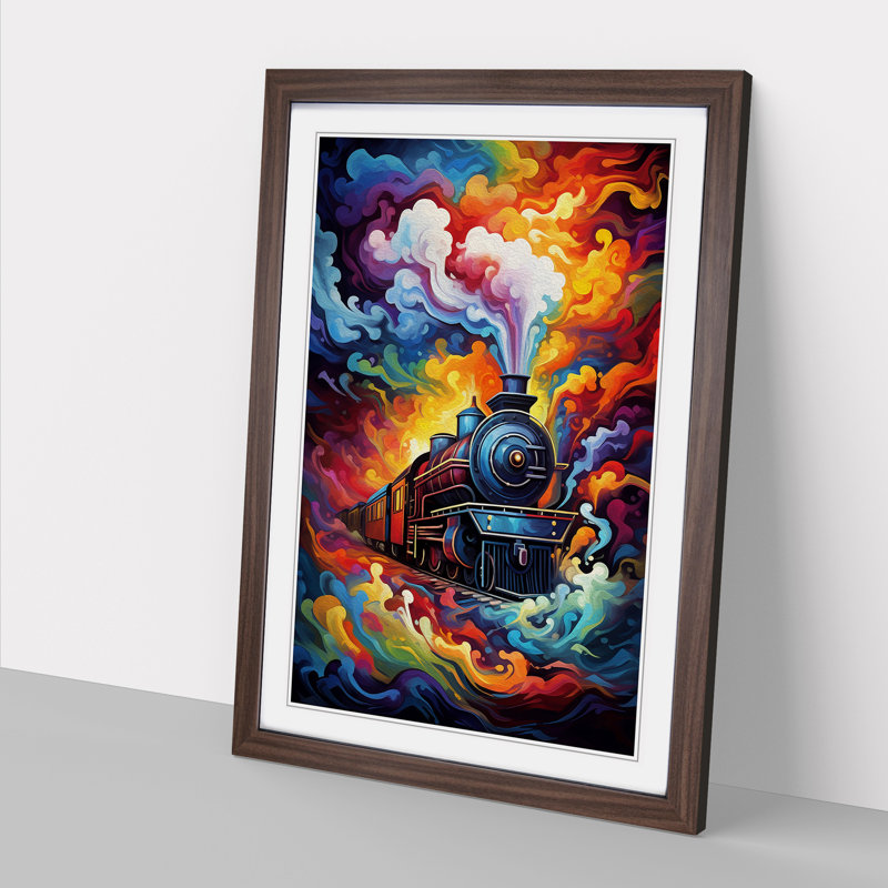 Steam Train Abstract - Single Picture Frame Print on Wood, 64cm H x 46cm W x 2cm D, Walnut