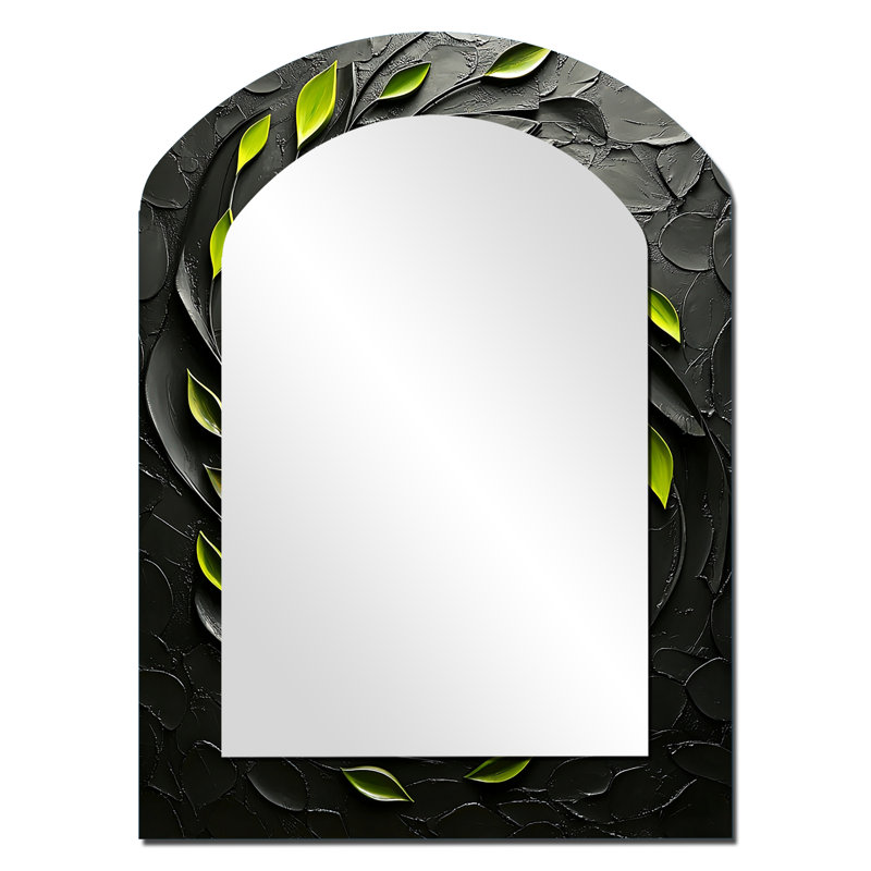 «Green and Black Botanical Balance II - Botanicals Arch», unique miroir décoratif mural, grand miroir asymétrique vert, impression d'art en métal