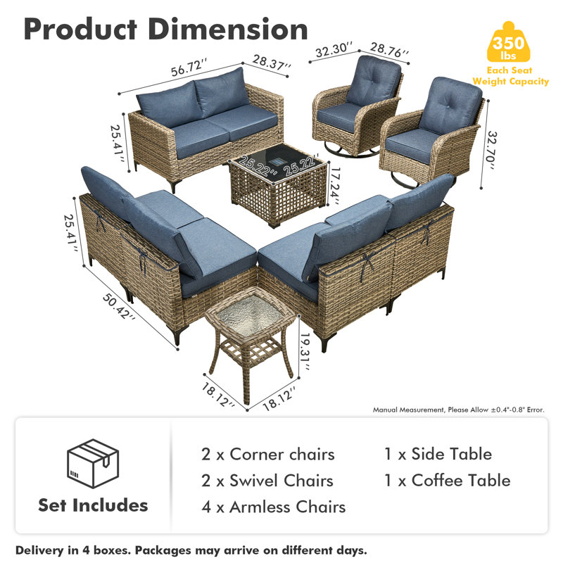 Outdoor Wicker 8 Person Seating Group With Cushions With Rocking And Swivel Chairs, Blue