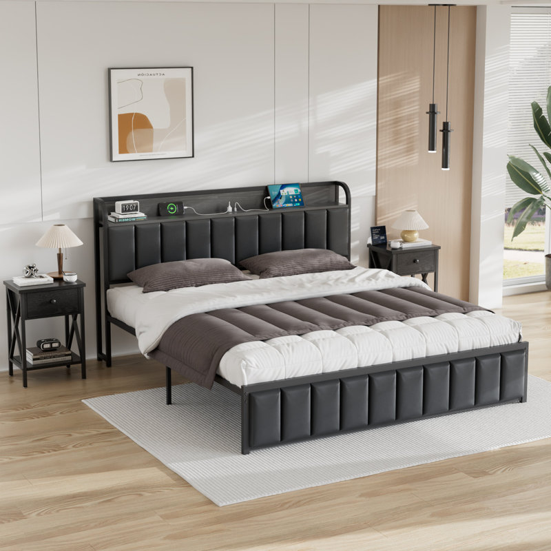 3 Pieces Bedroom Set Bed Frame And Nightstand Set, Full, Black