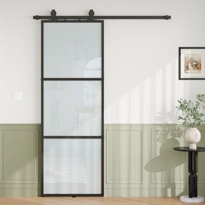 84" Metal and Glass Sliding Barn Door with Two-Way Soft Close and Installation Hardware Kit