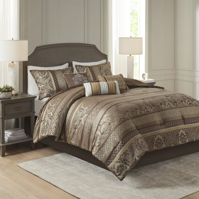 Bellagio 7 Piece Jacquard Comforter Set, Cal. King Comforter + 6 Additional Pieces, Brown/Gold