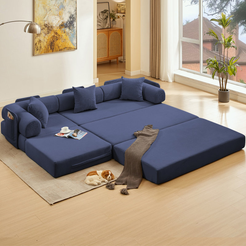 Canapé modulaire en L en velours côtelé avec poche latérale, Velours côtelé bleu foncé