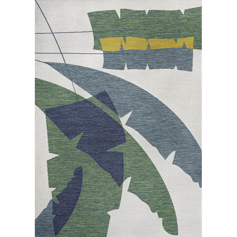 Correlly Coastal Vintage Abstract Palm Leaf Green/Cream Indoor/Outdoor Rug