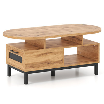 Hommoo 47 Inch Oval Coffee Table with Storage Drawers & Open Compartments, Wood Finish for Living Room, Industrial Style, Natural & Black