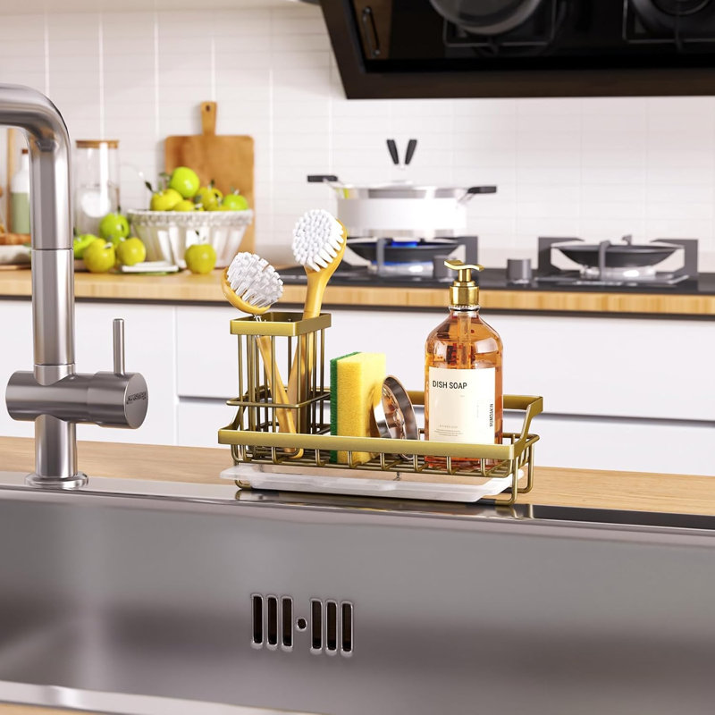 Sponge Holder for Kitchen Sink - Sink Caddy with Dish Brush Holder, Stainless Steel Kitchen Organizer with Drip Tray for Countertop, Darker Gold