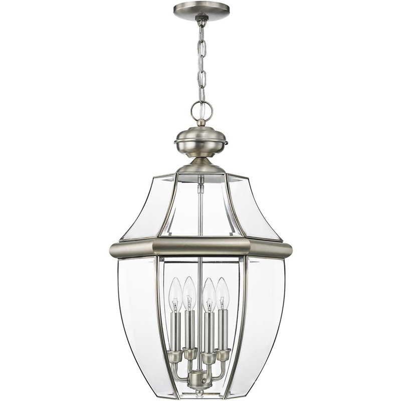 Outdoor Chain Lantern Pendant Lighting Fixture, Clear Beveled Glass Shade, Brushed Nickel