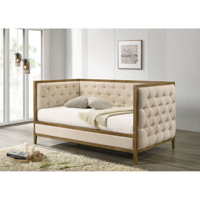 Transitional Style 1Pc Twin Size Daybed Diamond Tufting Wood Trim Mattress Ready Natural Oak Finish Primary Living Room
