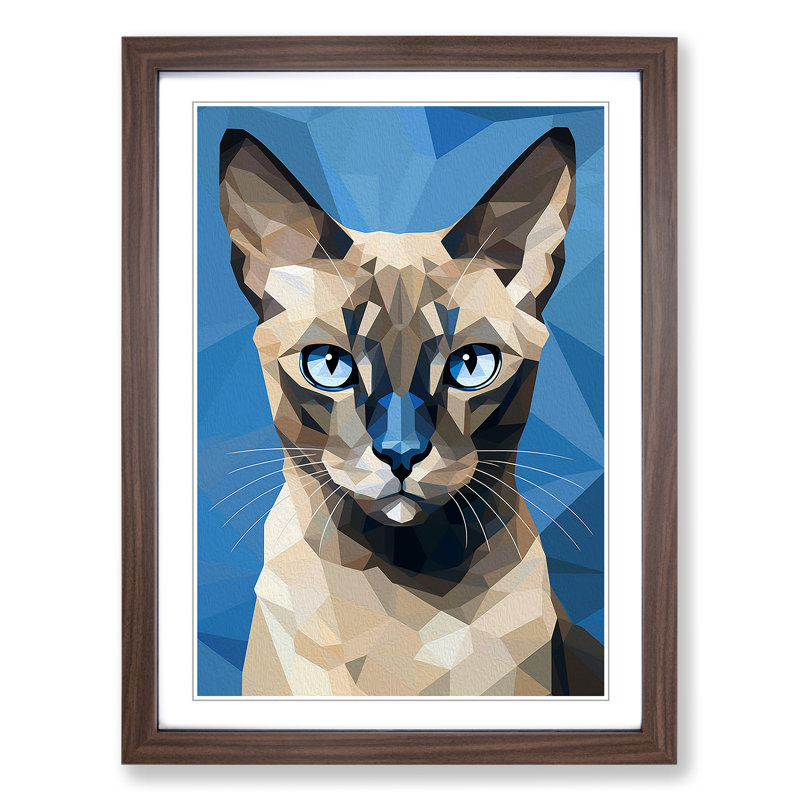 Siamese Cat Cubism - Single Picture Frame Print on Wood, 34cm H x 25cm W x 2cm D, Walnut 
