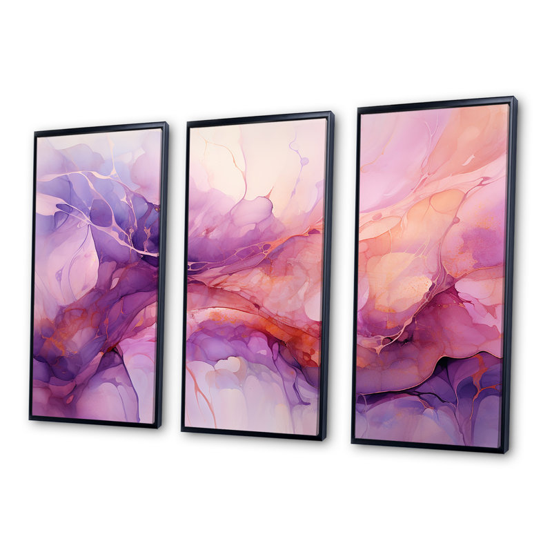 Ensemble d'art mural abstrait Tuba Terrain Mountainous Mauve I - encre liquide, Cadre flottant noir