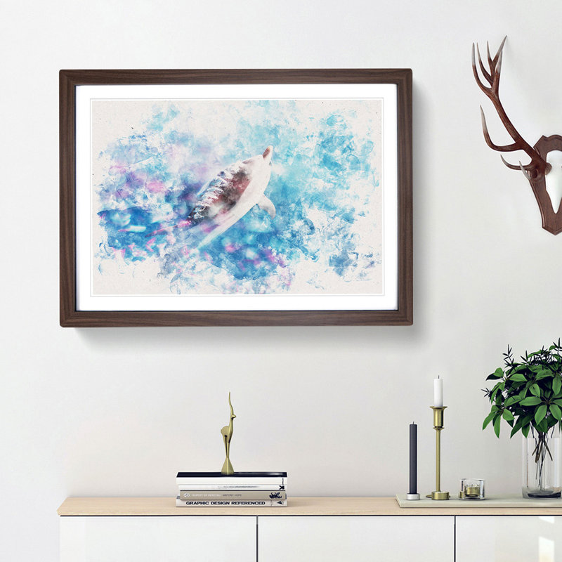 Swimming Dolphin - Picture Frame Graphic Art Print, 45cm H x 63cm W x 2cm D, Walnut Framed