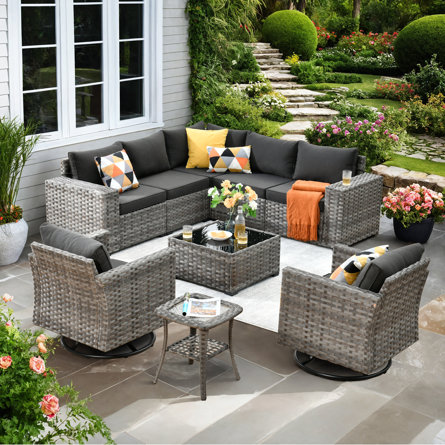 Baili 7 - Person Outdoor Wicker/Rattan Sectional Seating Group with Swivel Chairs, Modern Modular Conversation Set with Cushions