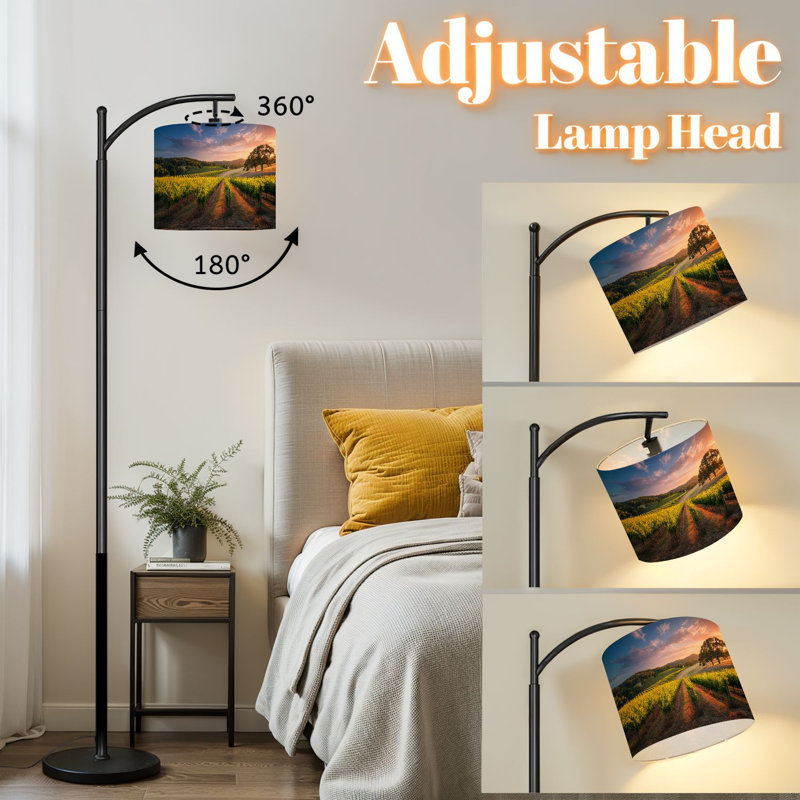 Arc Floor Lamp with Adjustable Lampshade Vineyard Sunset Standing Lamp 3 Color Temperatures Dimmable Tall Pole Lamp with Foot Switch for Bedroom