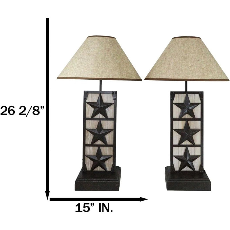 Set Of 2 Rustic Western Triple Lone Stars Wood And Metal Bedside Table Lamps