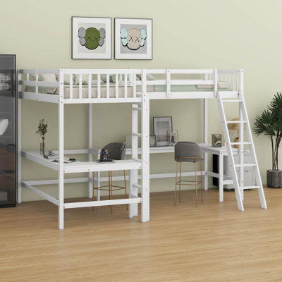 Wood Twin Size Loft Bed With Ladder, L-Shaped Loft Bed With 2 L-Shaped Desks