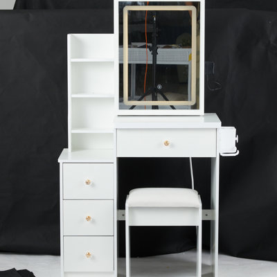 Petite coiffeuse de chevet gauche avec tabouret, miroir DEL tactile extra-large, 2 prises de courant, support pour sèche-cheveux, éclairage, blanc doux, prise de courant coulissante tactile extra-large.