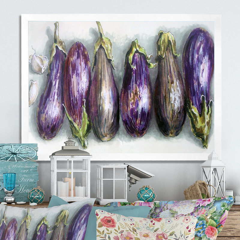 «Eggplants Kitchen Art», reproduction sur toile flottante, H 12 po x l 20 po x P 1 po, Cadre photo blanc