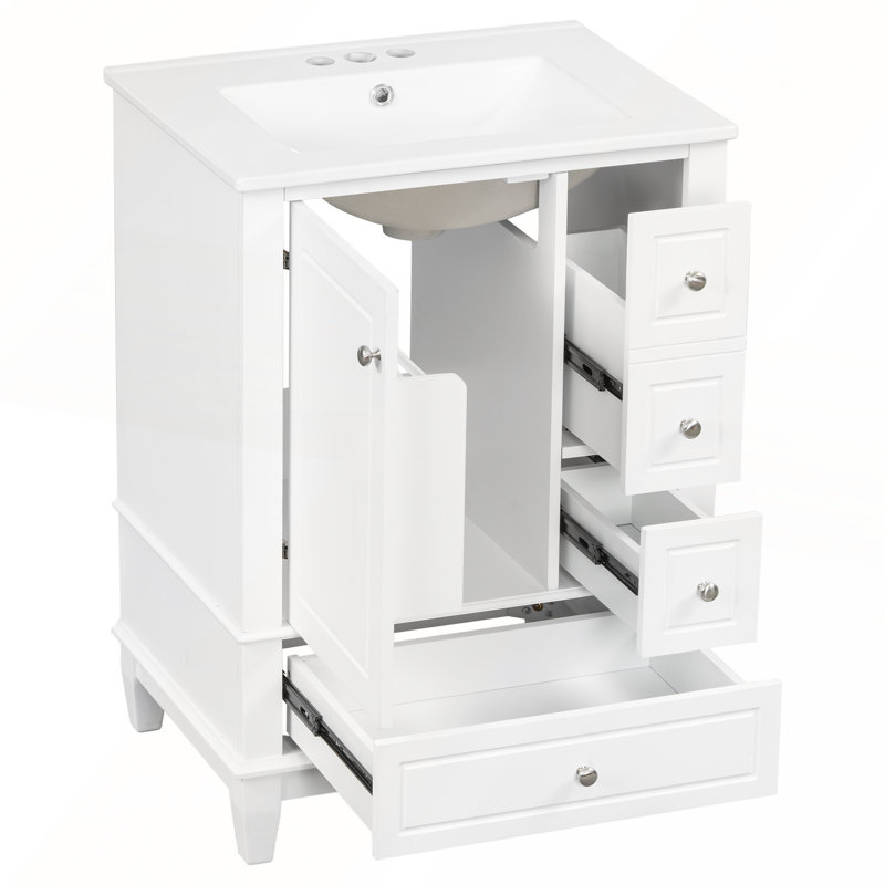 Meuble-lavabo autoportant blanc de 24 po avec plateau en céramique, tiroirs et tablettes de rangement pour les petites salles de bain