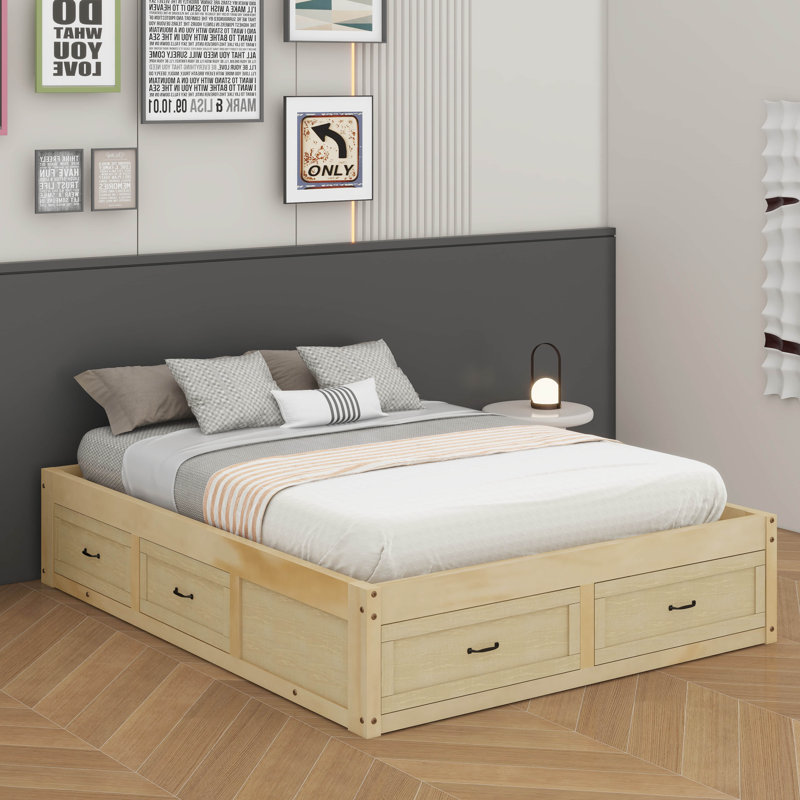 Grand lit plateforme avec 6 tiroirs, Naturel antique