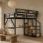 Lit mezzanine double en métal avec bureau, escalier, rangement, station de charge et lumières RVB pour les adolescents
