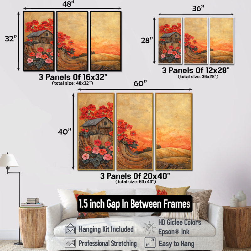 «Geraniums Flowers At Barn Landscape I» - art mural géraniums - ensemble de 3, H 40 po x l 60 po, Noir
