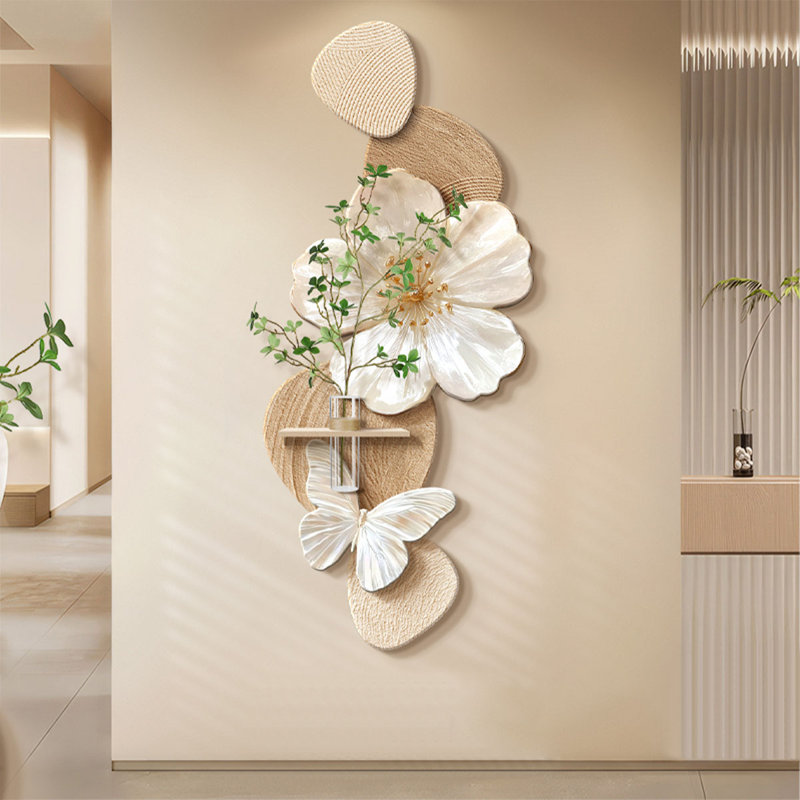 Art mural floral grès crémeux avec pot de fleurs hydroponique - décor de vestibule, H 47,24 po x l 21,26 po x P 0,98 po