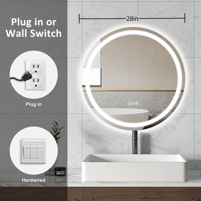Miroir de salle de bain moderne rond sans cadre, en verre trempé, antibuée et à intensité variable, certifié ETL et doté d'une LED.