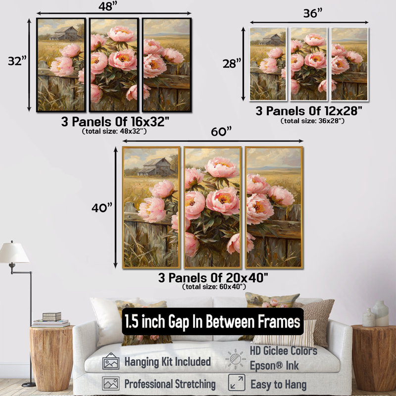 Pivoines par la clôture de la ferme I - art mural pivoines - ensemble de 3, Impression encadrée sans passe-partout, Blanc