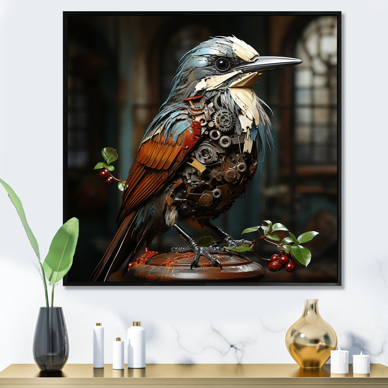 «Brown Steampunk Bird I», art mural oiseau, Cadre flottant noir, H 36 po x l 36 po x P 1,5 po
