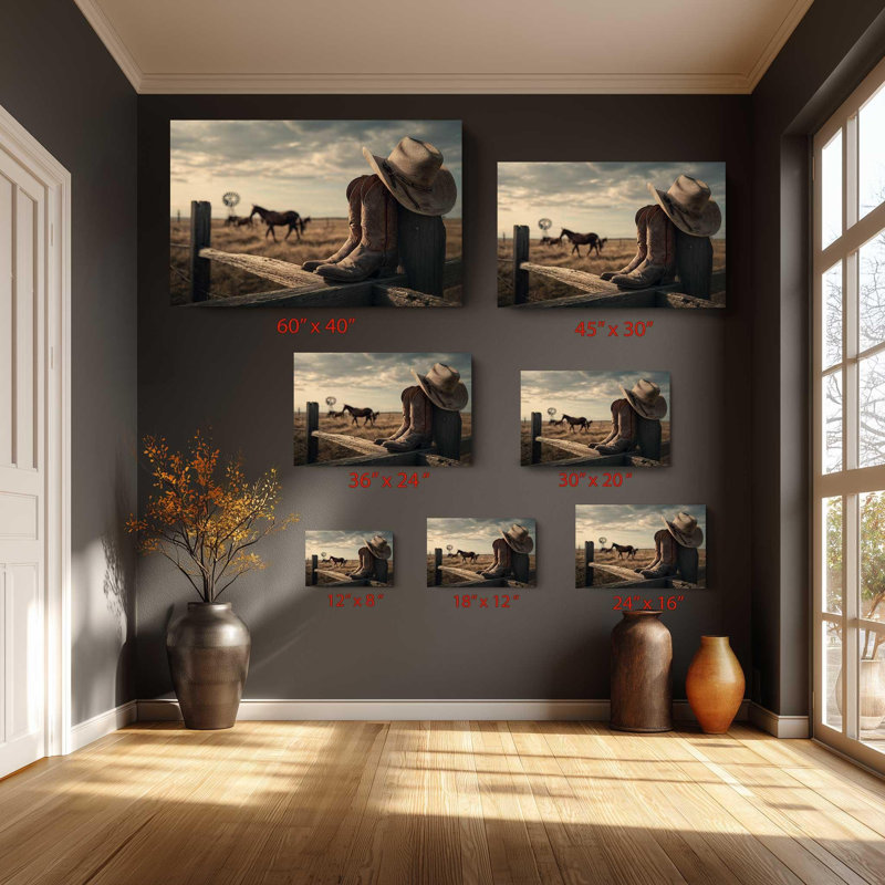 «Texas Sunset Cowboy», art sur toile - décor rustique occidental, H 12 po x l 18 po