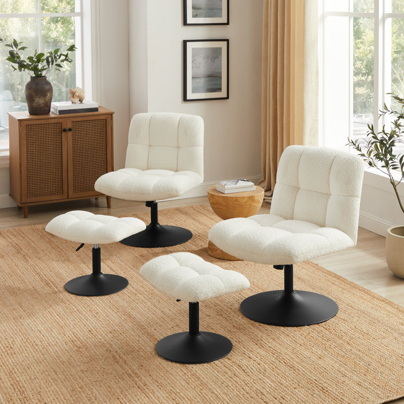 Upholstered Tufted Swivel Accent Chair With Ottoman, Height Adjustable Lounge Chair, Beige Terry Cloth
