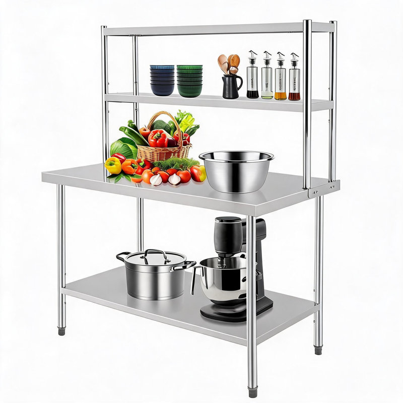 Table de travail commerciale en acier inoxydable robuste - Surface de préparation spacieuse de 48 po x 30 po - 2 tablettes réglables, sur tablettes - Support de service alimentaire pour restaurants, cuisines, garages - Hauteur totale 67 po