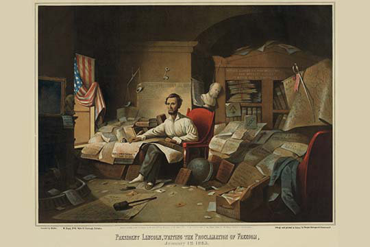 « president lincoln writing the proclamation », impression