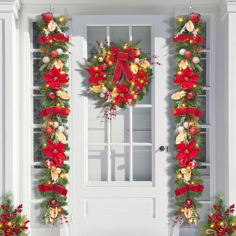 Couronne de Noël 24 po avec 20 modes d'éclairage DEL, couronne de fêtes pré-éclairée avec ornements brillants et ruban
